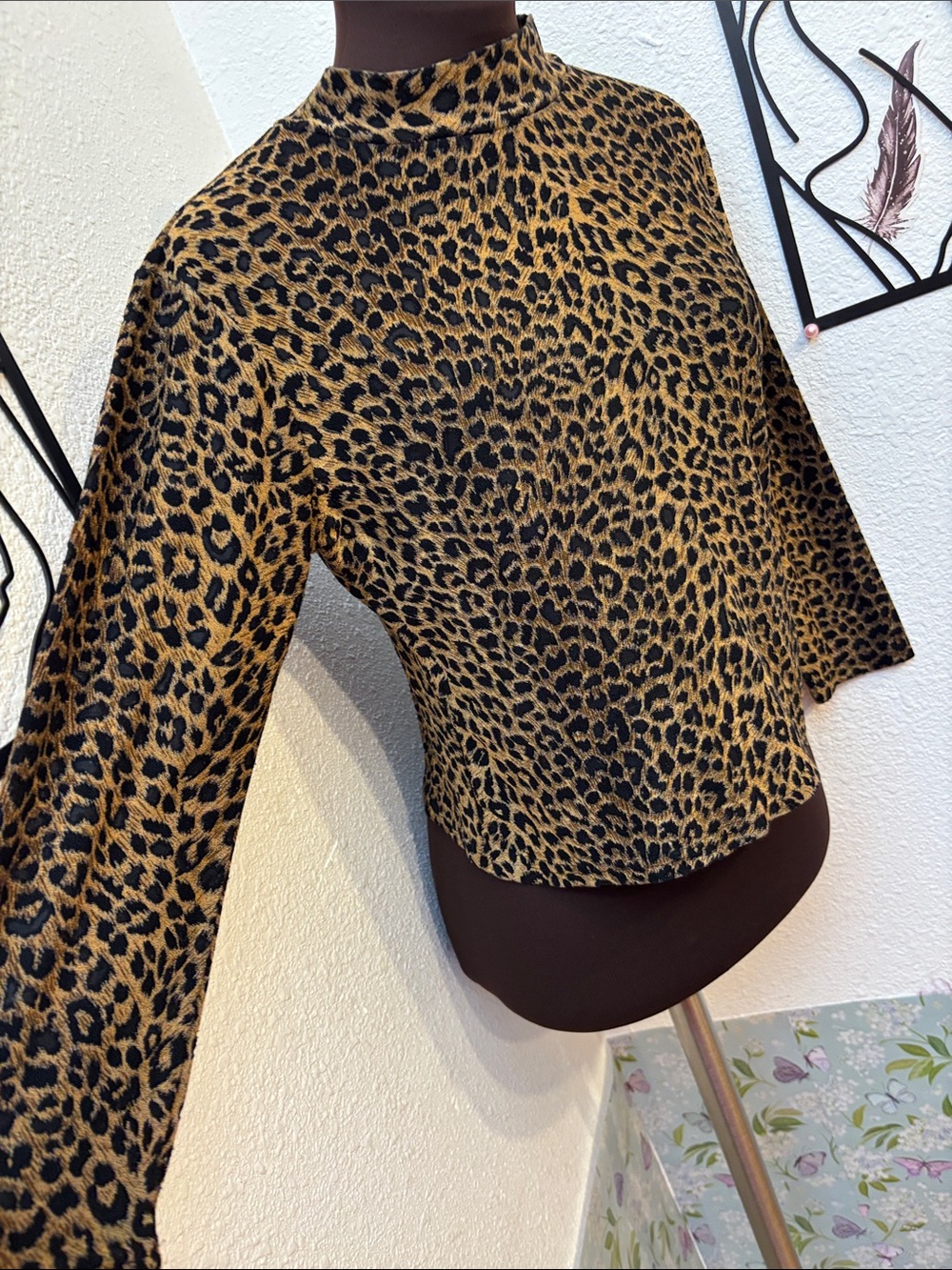 Vintage 1990’s ACW Design tan and black leopard print semi-sheer top. Size M.